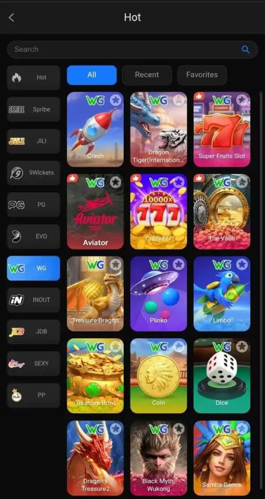 hot, slot, sport, and live games